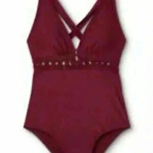 Kona Sol Macrame Cut out low cut One Piece Burgundy Swimsuit,cross back scoop